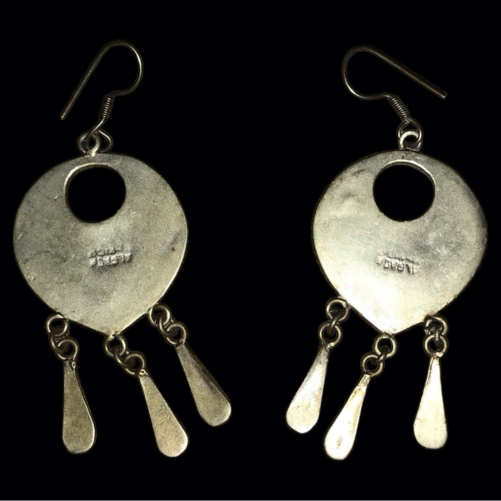 Vintage Teal and Silver Dangle Earrings by Alpaca Mexico - Picture 4 of 5